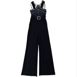 CHICME Sleek Strappy Black Rhinestone Jumpsuit Belted Pantsuit Flare Leg Romper